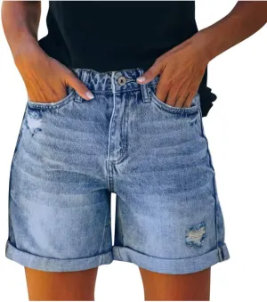TTBDWiian Stretch Denim Shorts Women High Waisted Jean Shorts Plus Size Jeans Stretchy Button Front Streetwear Denim Trouser
