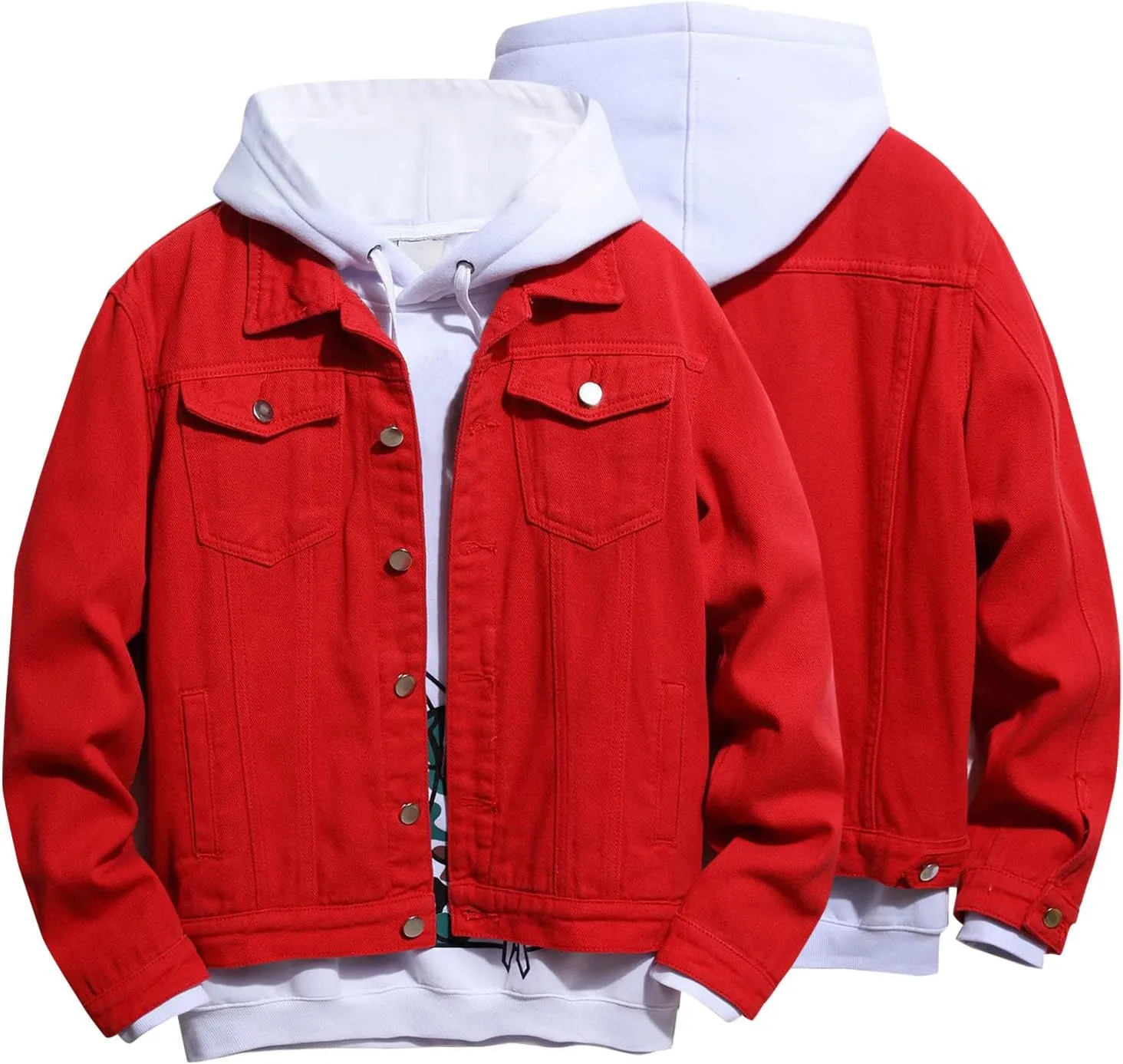tuduoms Men's Cowboy Denim Hoodie Jacket Color Block Button Down Jean Jacket Fashion Casual Loose Long Sleeve Pullover Coat