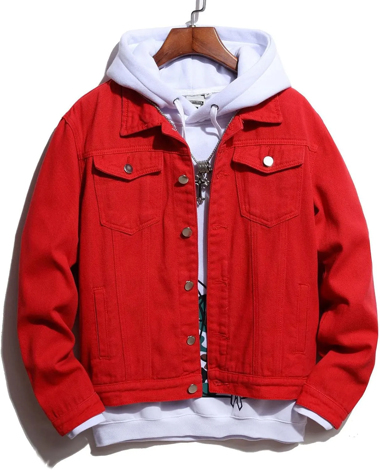 tuduoms Men's Cowboy Denim Hoodie Jacket Color Block Button Down Jean Jacket Fashion Casual Loose Long Sleeve Pullover Coat