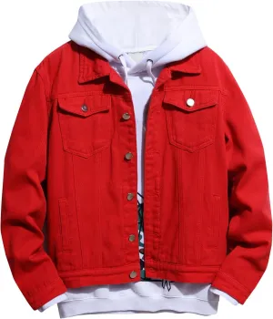 tuduoms Men's Cowboy Denim Hoodie Jacket Color Block Button Down Jean Jacket Fashion Casual Loose Long Sleeve Pullover Coat