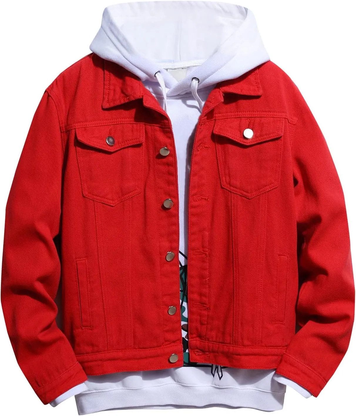 tuduoms Men's Cowboy Denim Hoodie Jacket Color Block Button Down Jean Jacket Fashion Casual Loose Long Sleeve Pullover Coat