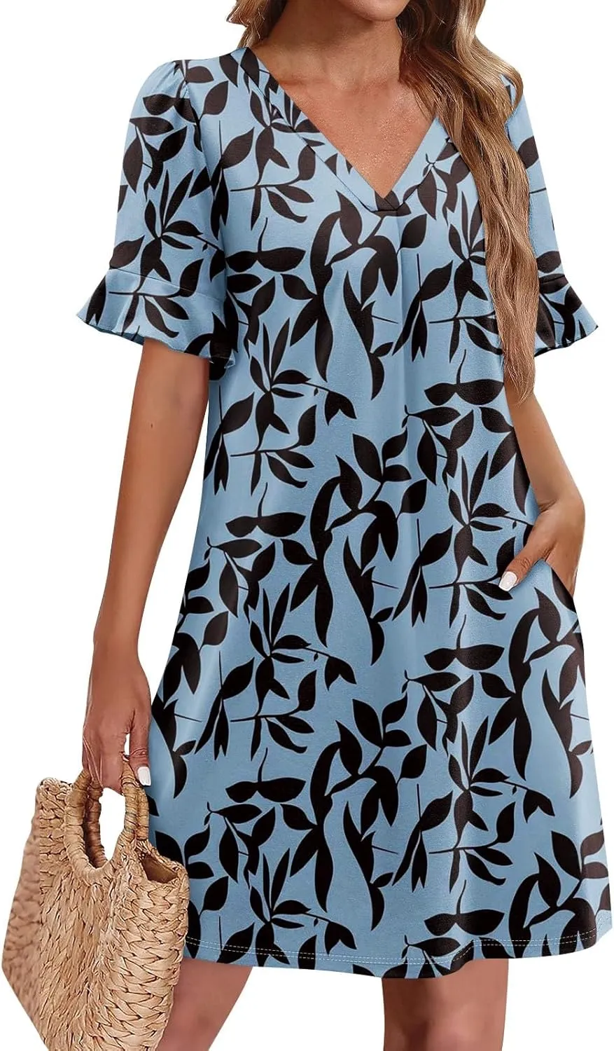TWGONE Plus Size Summer Dresses for Curvy Women Ruffle Short Sleeve V Neck Casual Semi Formal Shift Dress with Pockets