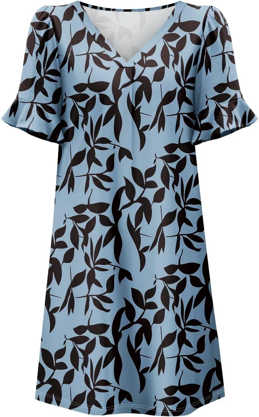 TWGONE Plus Size Summer Dresses for Curvy Women Ruffle Short Sleeve V Neck Casual Semi Formal Shift Dress with Pockets