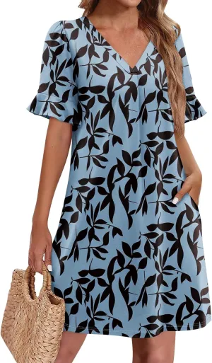 TWGONE Plus Size Summer Dresses for Curvy Women Ruffle Short Sleeve V Neck Casual Semi Formal Shift Dress with Pockets