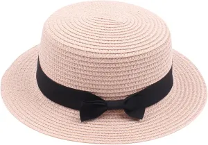 Unisex Kids Little Girls Sun Straw Hat Bowler Round Top Wide Brim with Black Bowknot Decor Summer Beach Foldable Visor
