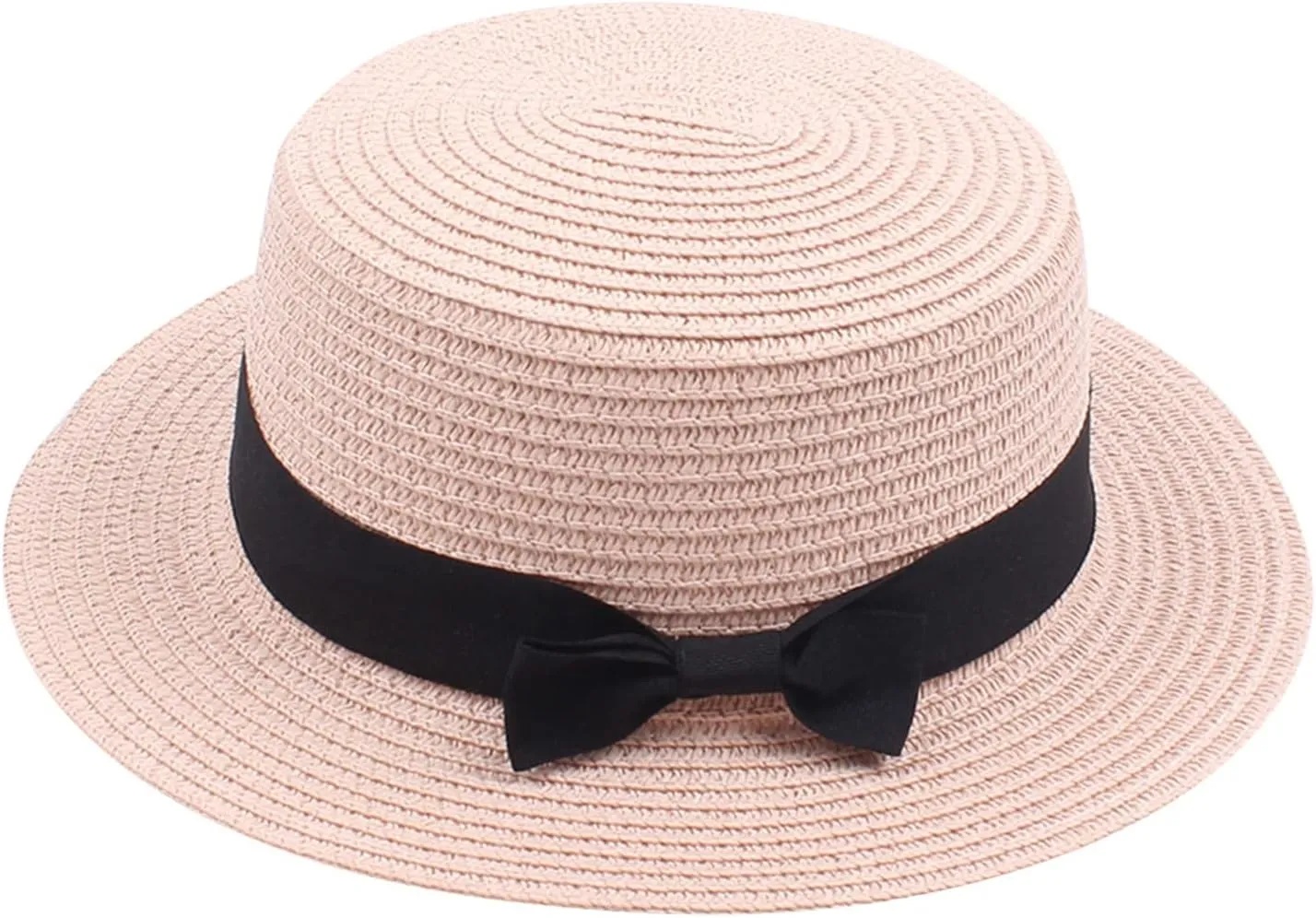 Unisex Kids Little Girls Sun Straw Hat Bowler Round Top Wide Brim with Black Bowknot Decor Summer Beach Foldable Visor