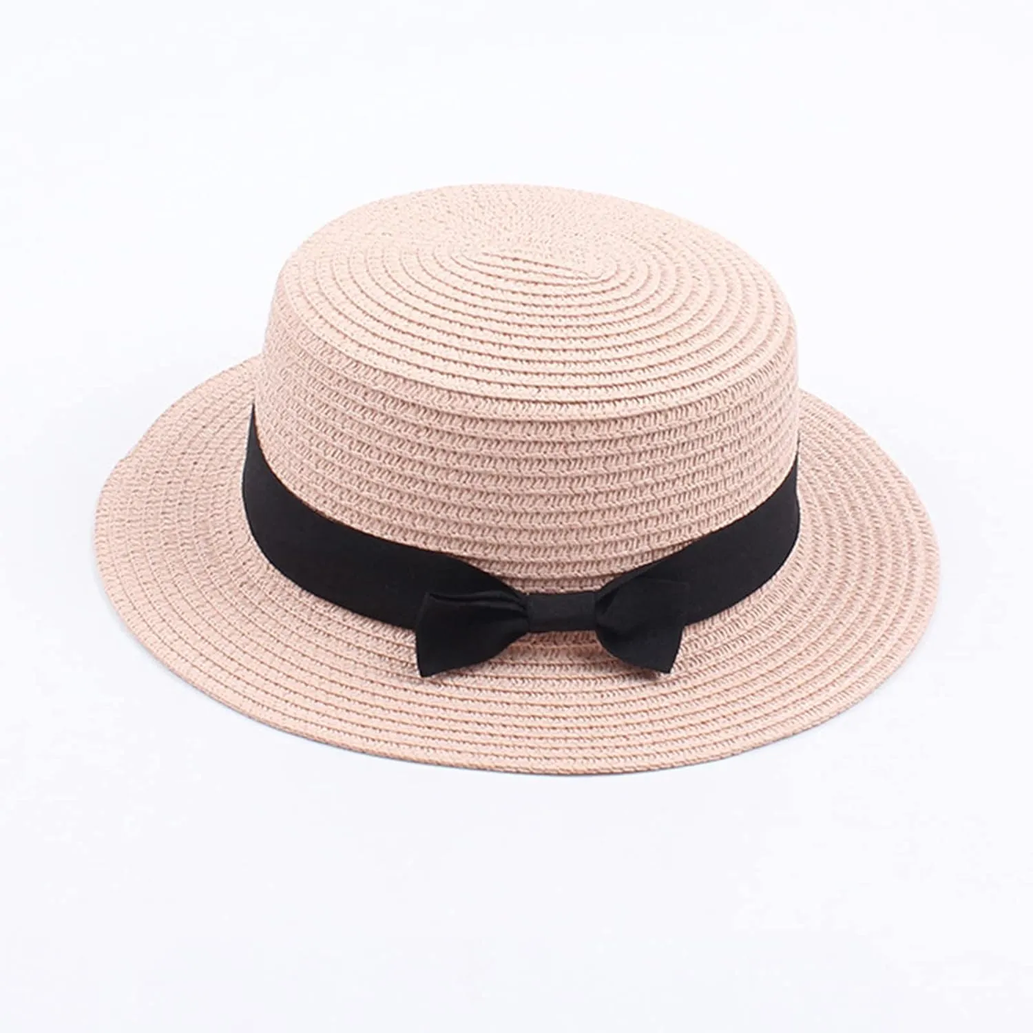 Unisex Kids Little Girls Sun Straw Hat Bowler Round Top Wide Brim with Black Bowknot Decor Summer Beach Foldable Visor
