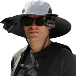 UPF 50  Outdoor Wide Brim Sun Hat with Built-in Solar Fan - Ideal Fishing & Beach Bucket Hat for Men and Women Hiking