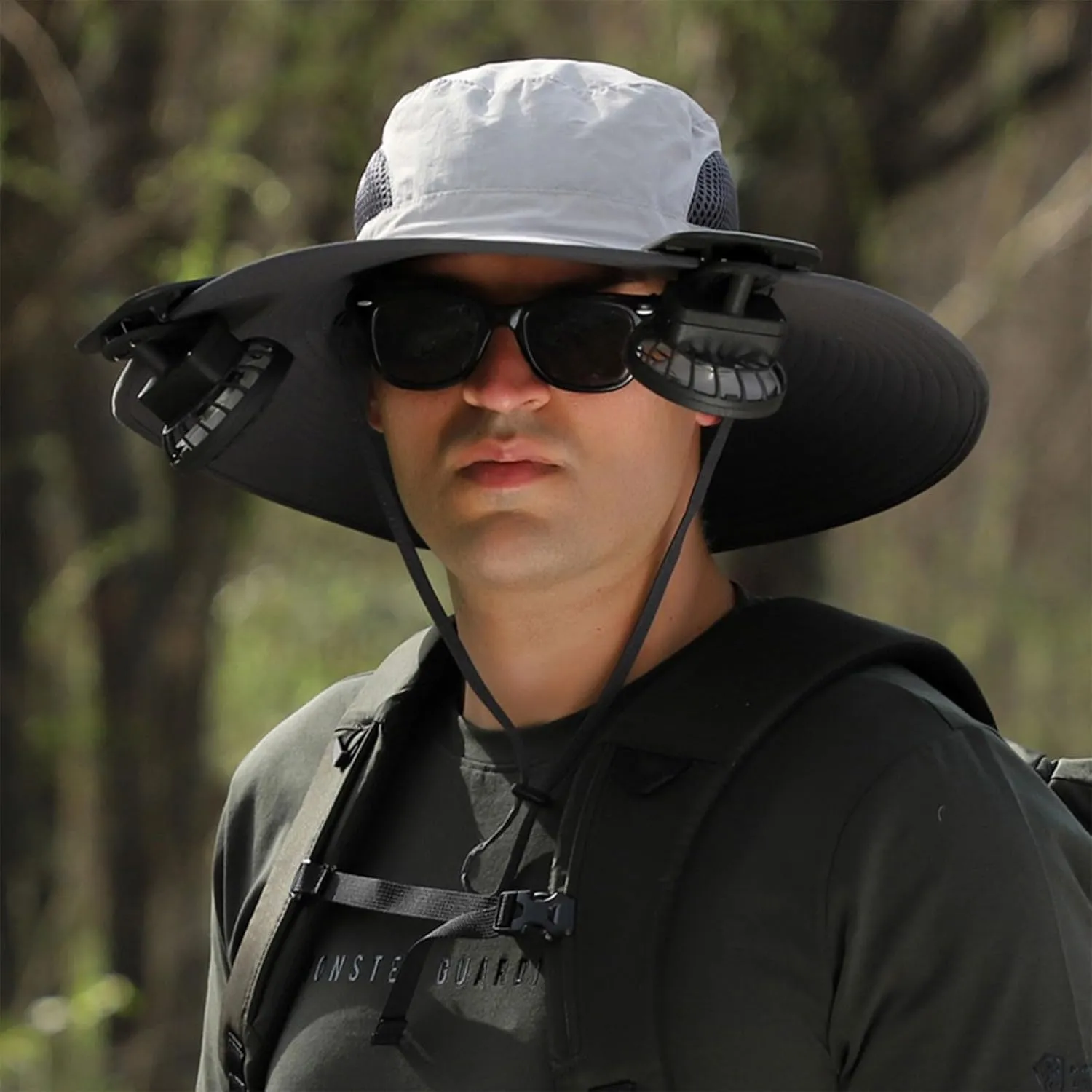 UPF 50  Outdoor Wide Brim Sun Hat with Built-in Solar Fan - Ideal Fishing & Beach Bucket Hat for Men and Women Hiking