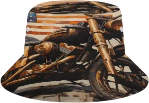 Vintage American Flag Motorcycle Sun Hats Bucket Hat Wide Brim Fishing Hat Summer Hat for Fishing, Hiking, Camping