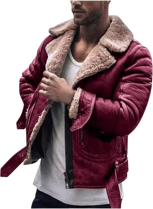 Wankang Men Fleece Lined B3 Bomber Jacket Aviator Faux Shearling Bomber Sherpa Sheepskin Leather Jacket for Men