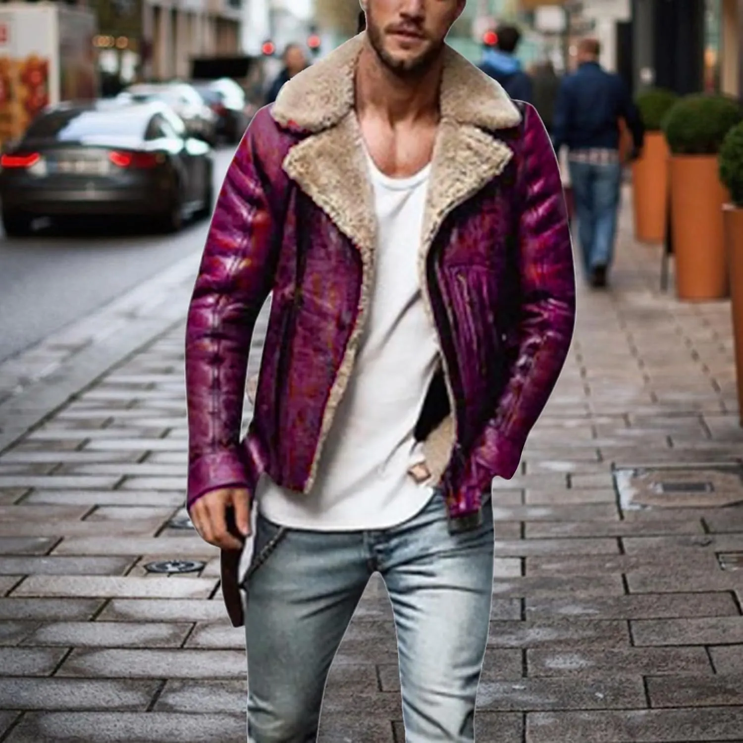 Wankang Men Fleece Lined B3 Bomber Jacket Aviator Faux Shearling Bomber Sherpa Sheepskin Leather Jacket for Men