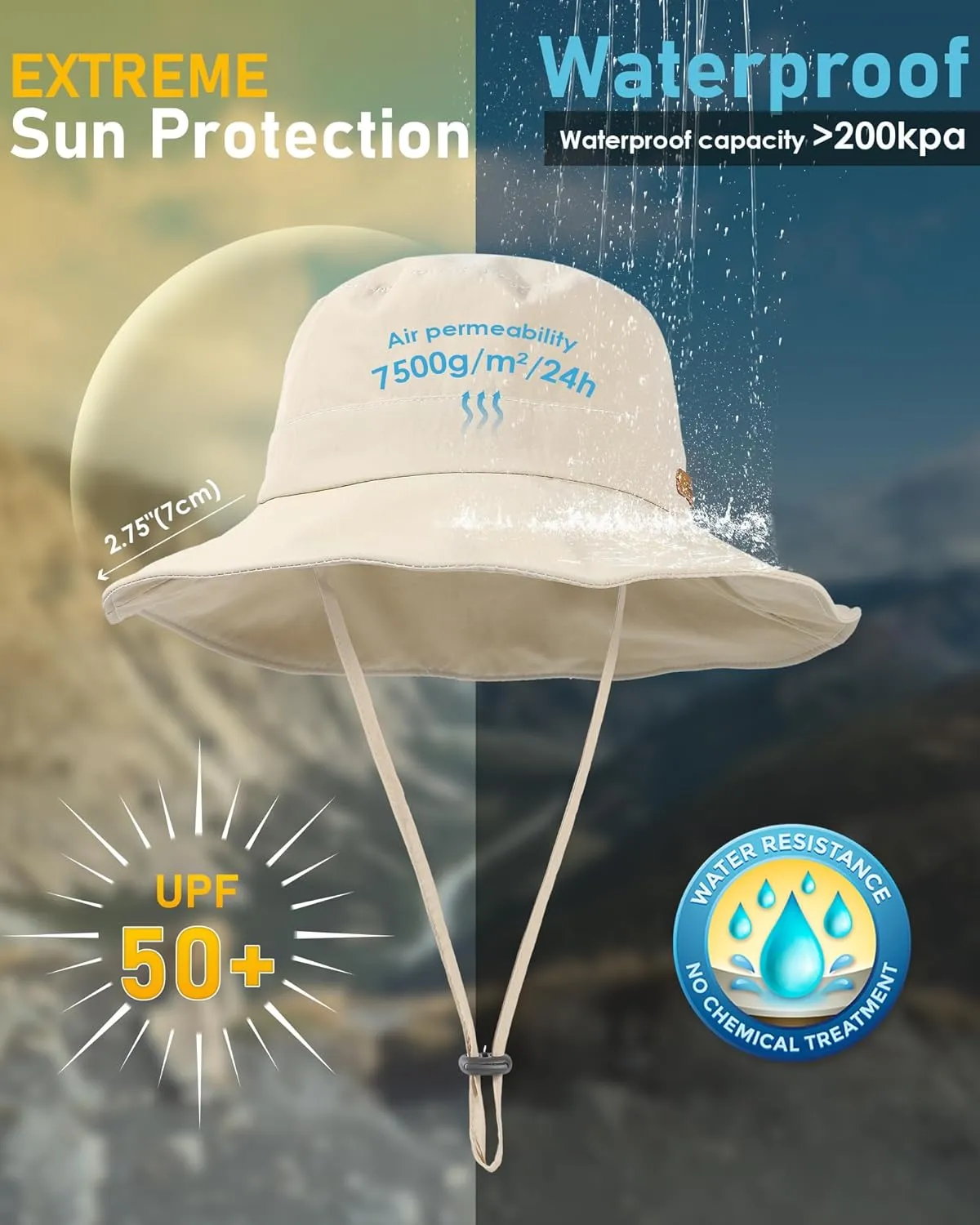 Waterproof Bucket Hats for Women Men Foldable Brim UPF 50  Floppy Cowboy Rain Hat UV Protection Boonie Sun Hats for Hiking