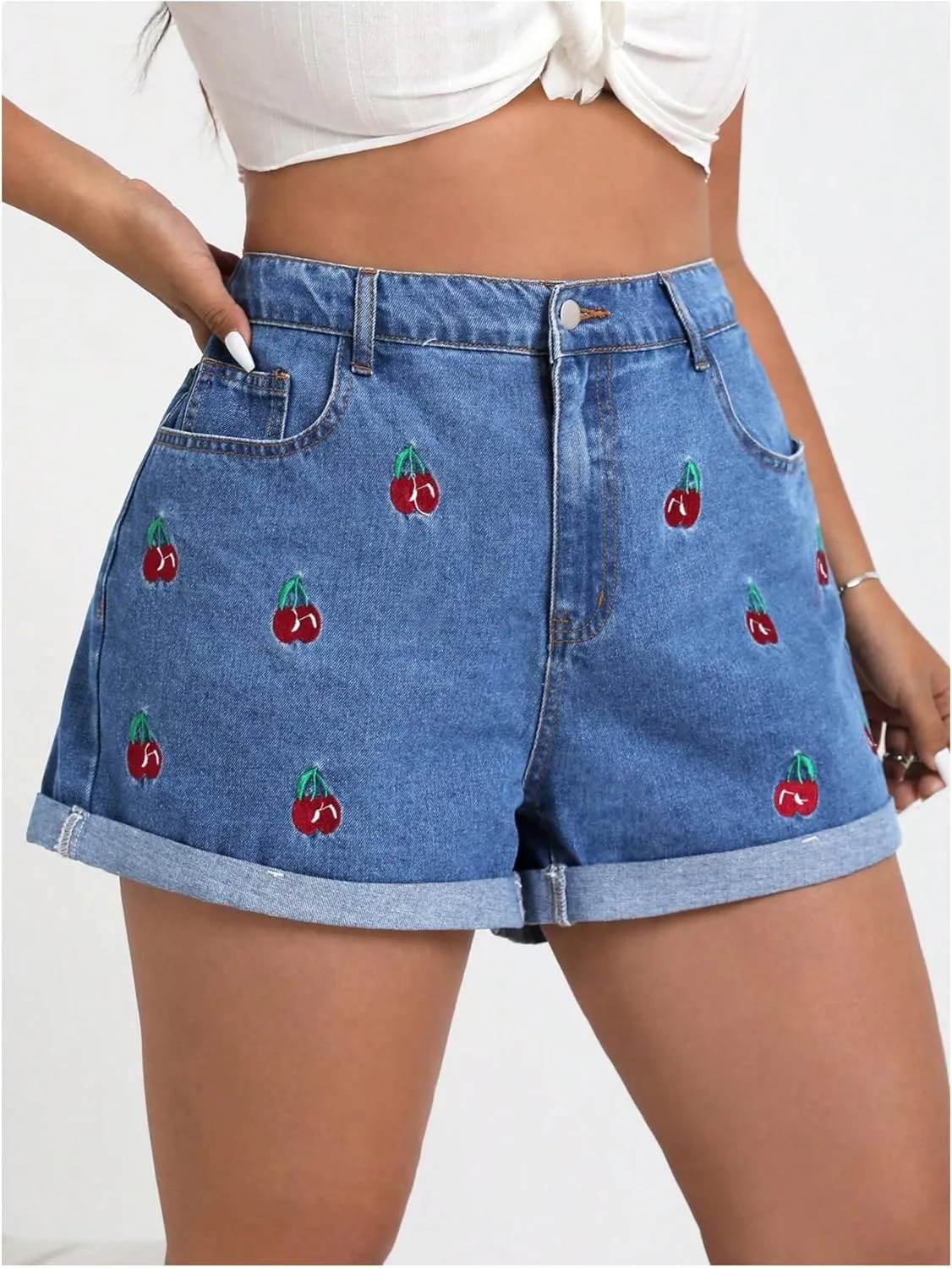WDIRARA Women's Plus Size Cherry Embroidery Wide Leg Denim Shorts High Waist Rolled Hem Shorts