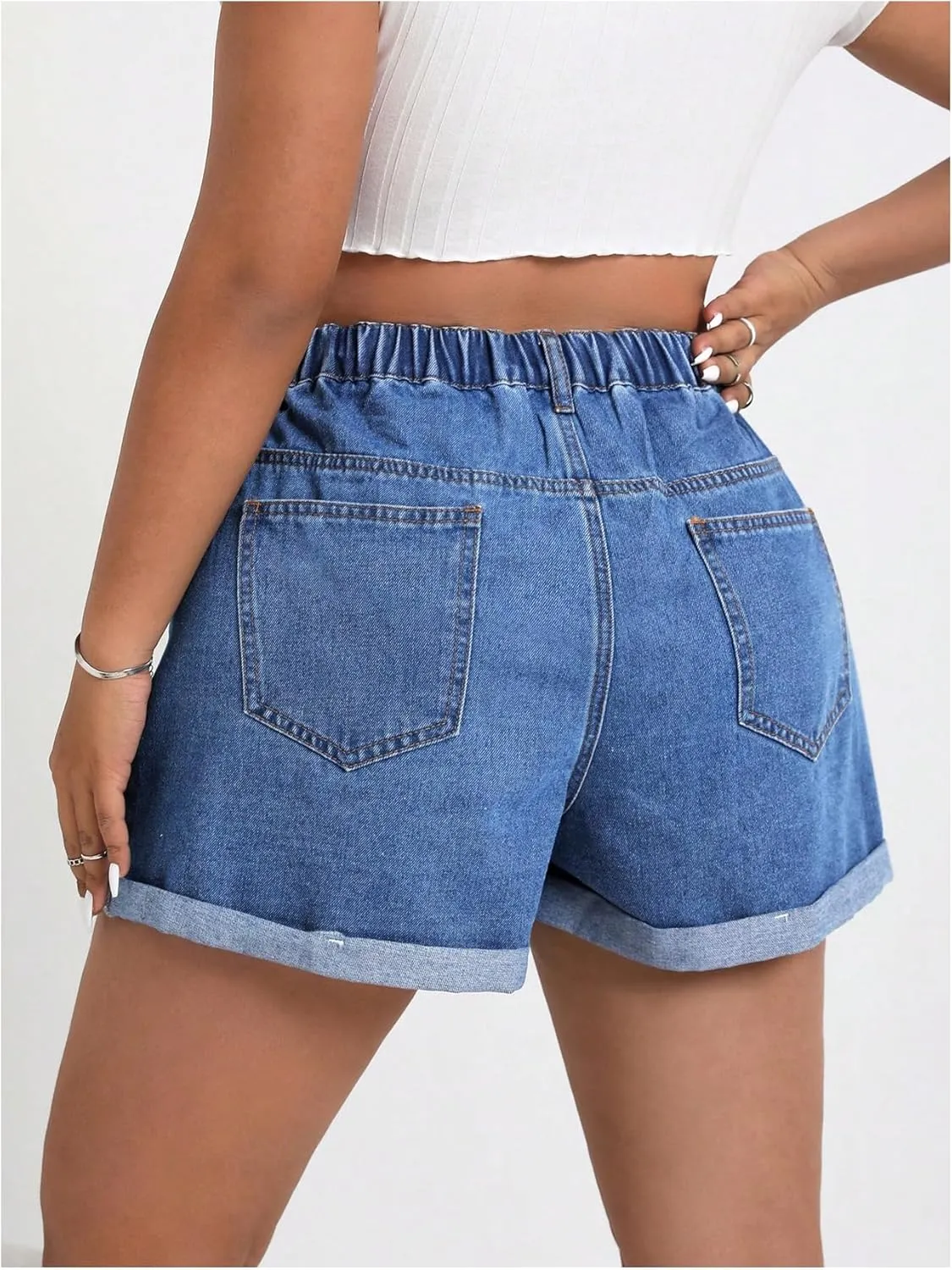 WDIRARA Women's Plus Size Cherry Embroidery Wide Leg Denim Shorts High Waist Rolled Hem Shorts