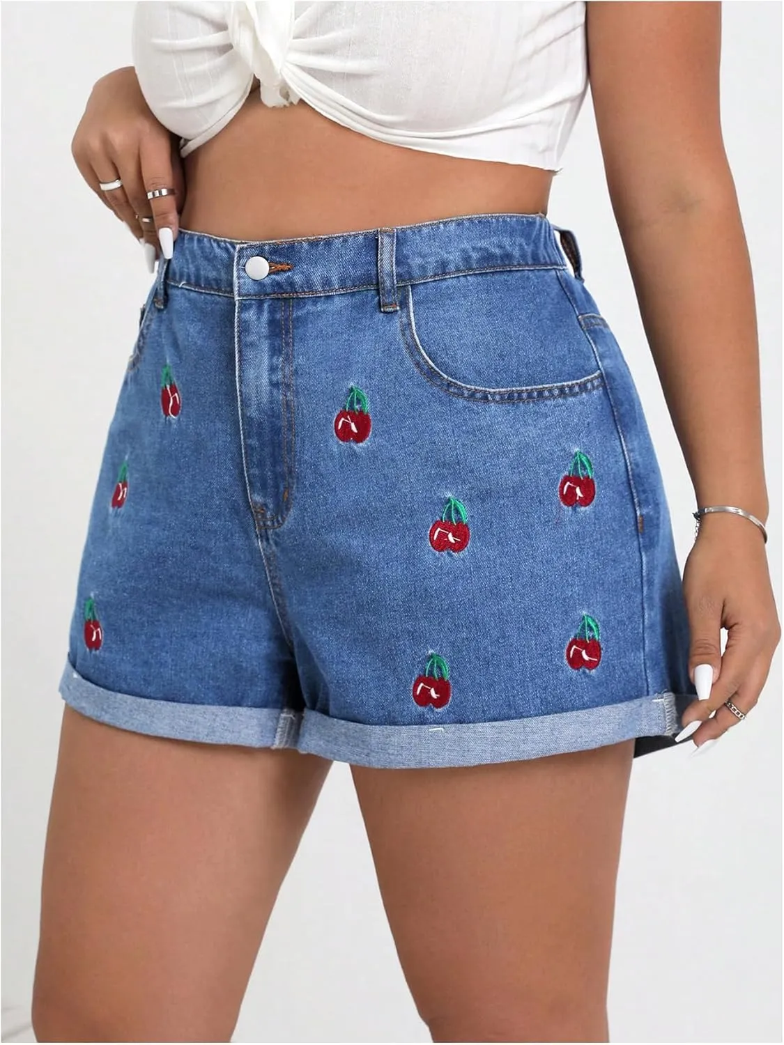 WDIRARA Women's Plus Size Cherry Embroidery Wide Leg Denim Shorts High Waist Rolled Hem Shorts
