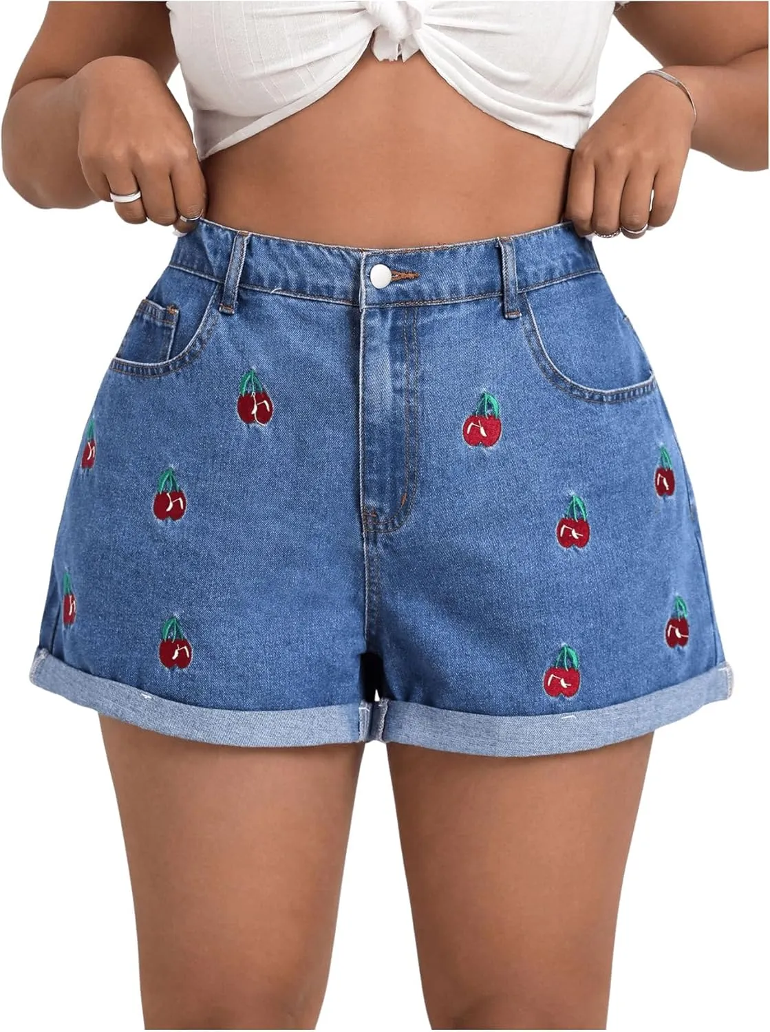 WDIRARA Women's Plus Size Cherry Embroidery Wide Leg Denim Shorts High Waist Rolled Hem Shorts