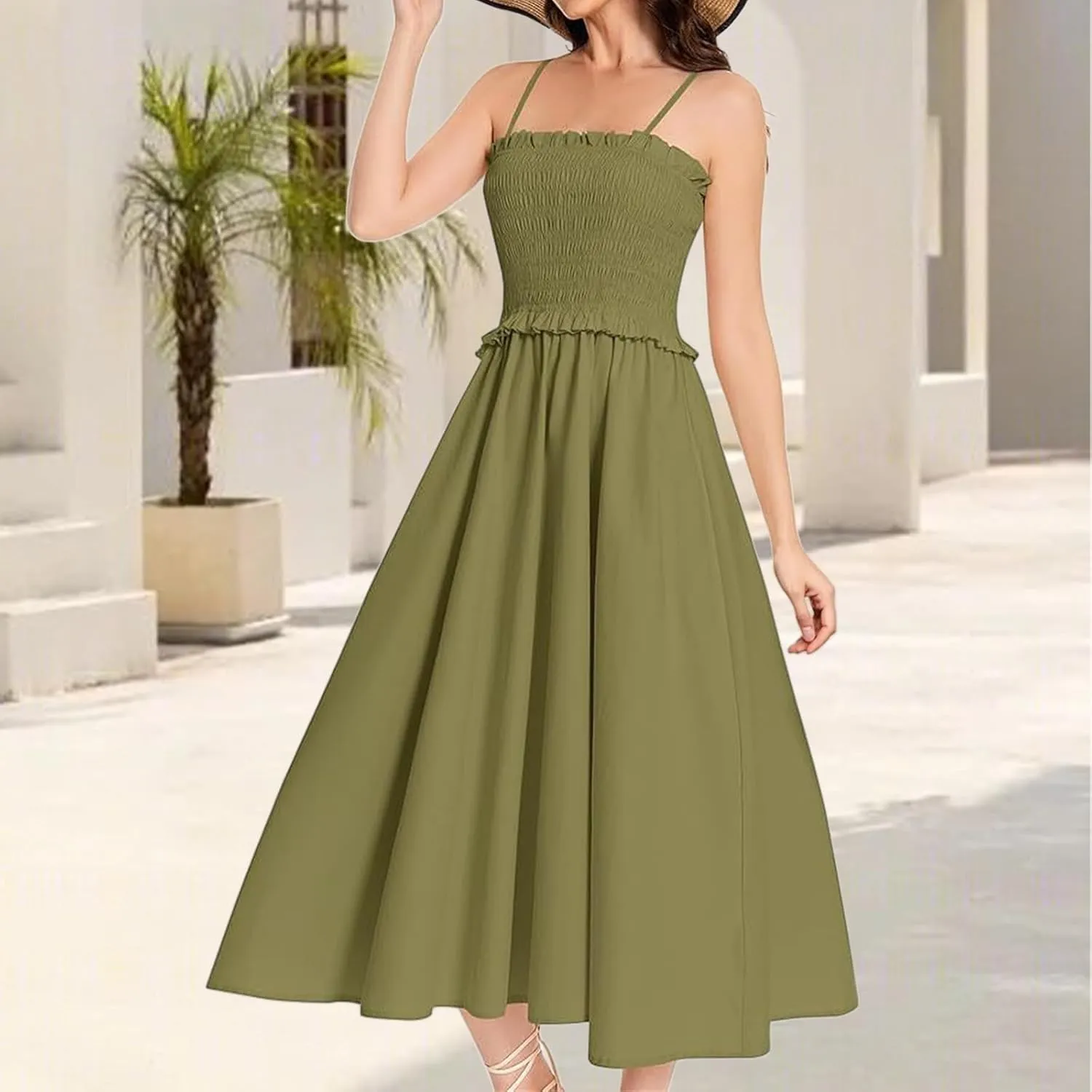 Wedding Guest Dress for Women Summer Maxi Dress Spaghetti Strap High Waist Dresses A Line Smocked Beach Dresses