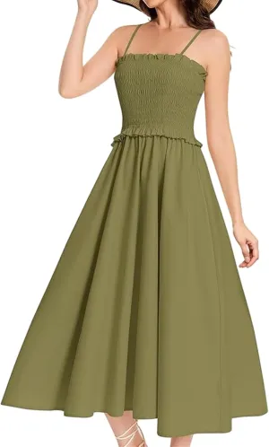 Wedding Guest Dress for Women Summer Maxi Dress Spaghetti Strap High Waist Dresses A Line Smocked Beach Dresses