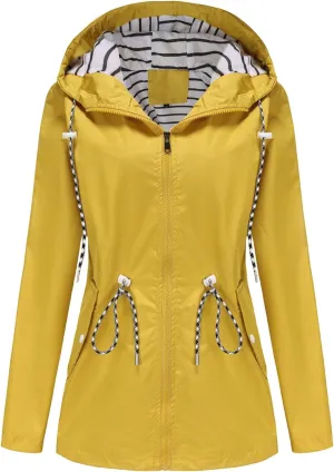 Windbreaker Jacket Women Waterproof Long Rain Coats Zip Up with Hood Casual Lightweight Lined Raincoat with Pockets