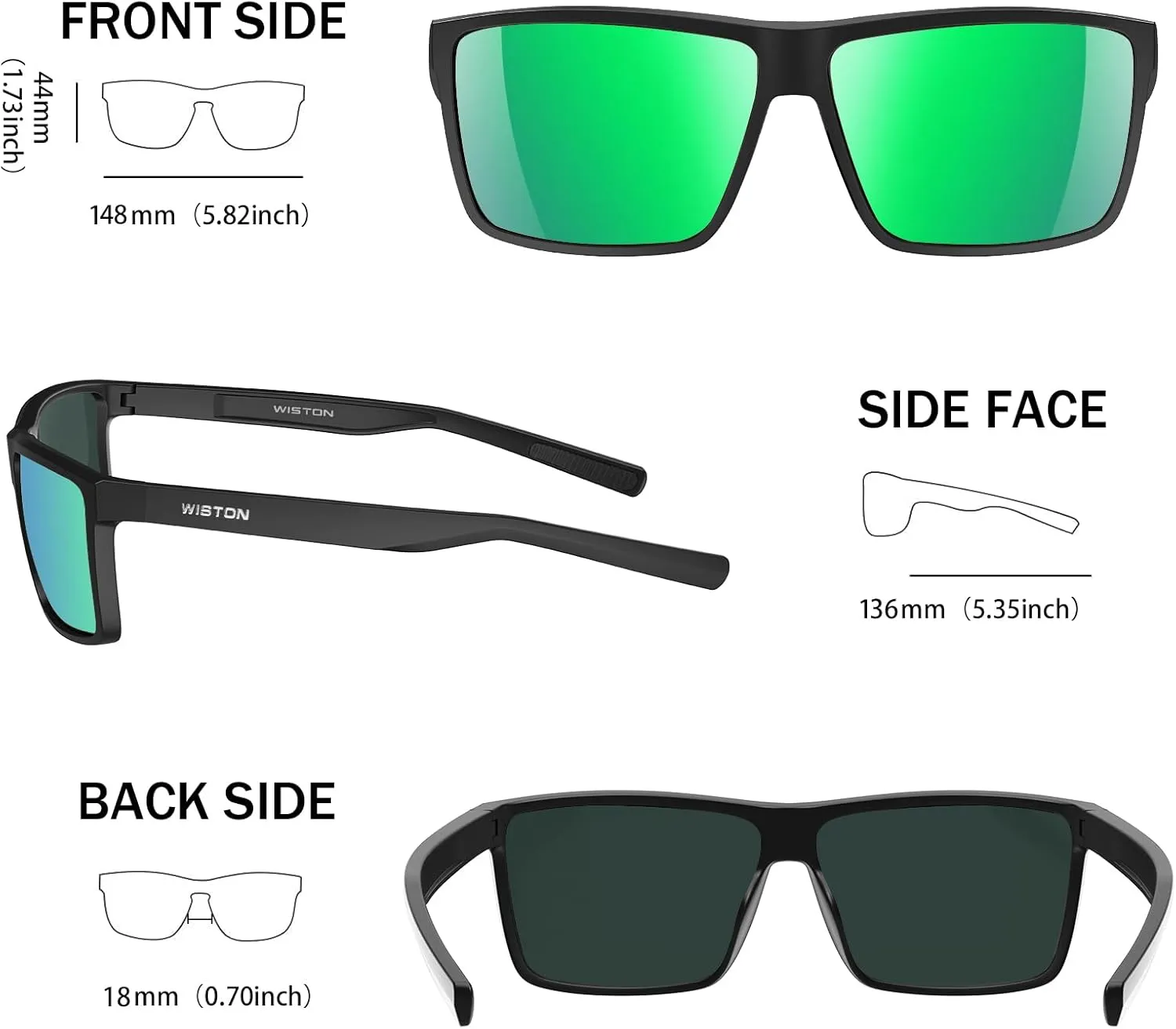 WISTON Polarized Sunglasses for Men Women Large Rectangular Classic UV400 Protection Driving Fishing Shades Sun Glasses