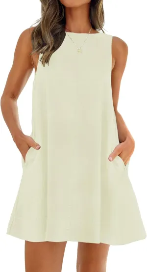 Women 2025 Summer Sleeveless Tank Dresses Crew Neck Tank Short Mini Dress Casual Backless Cotton Linen Beach Dresses