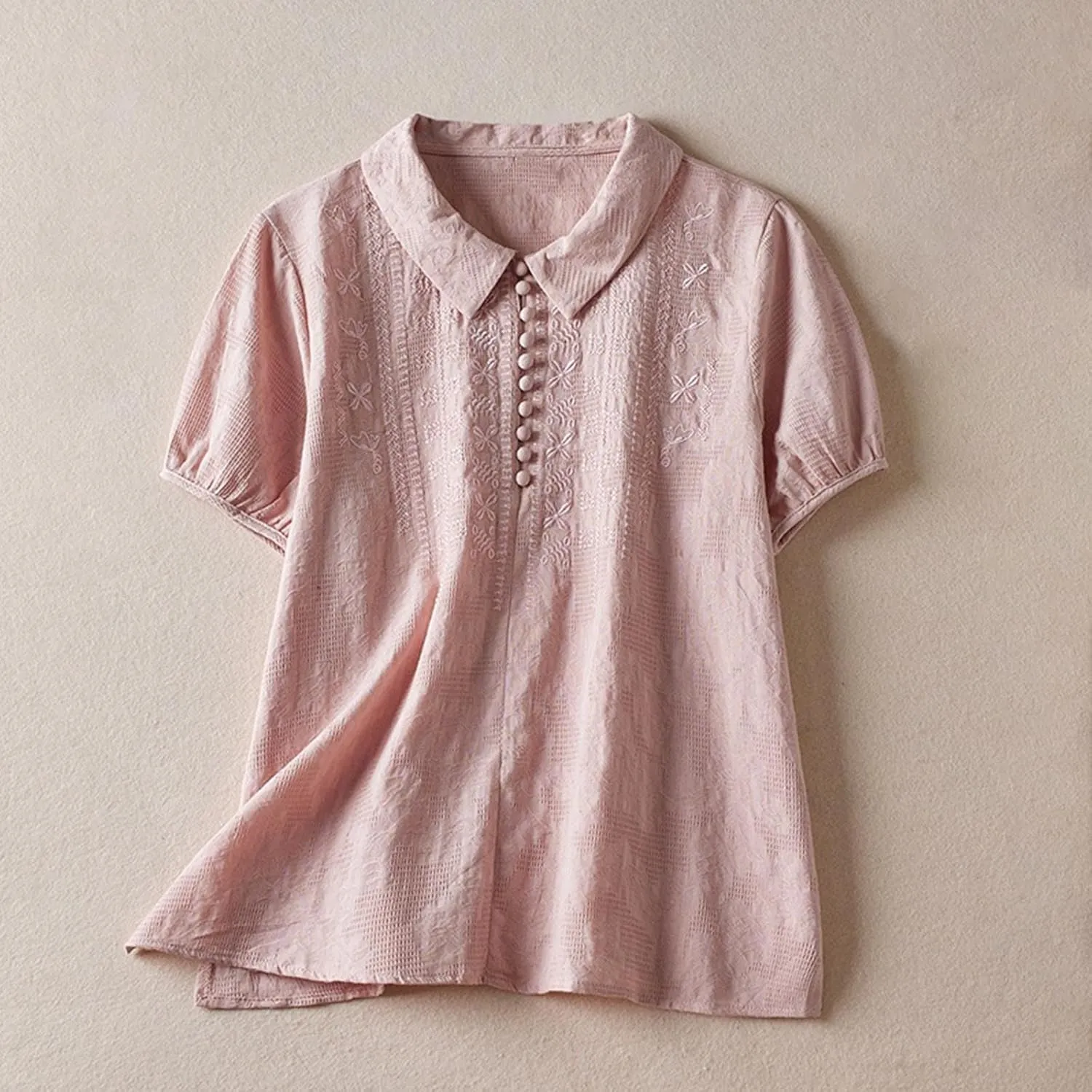 Women Cotton Linen Shirt Cute Doll Collar Puff Short Sleeve Tops Vintage Embroidered Tees Casual Loose Summer T-Shirt