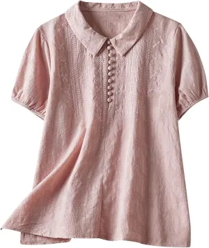 Women Cotton Linen Shirt Cute Doll Collar Puff Short Sleeve Tops Vintage Embroidered Tees Casual Loose Summer T-Shirt