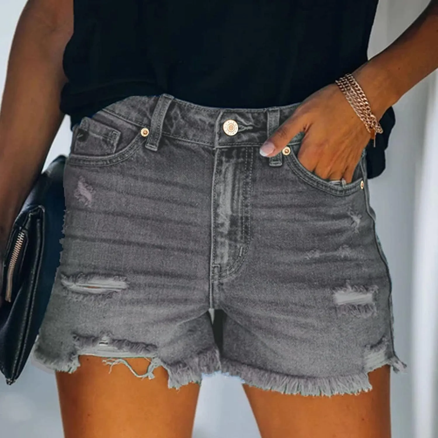 Women Denim Shorts Casual Summer Mid Waist Stretchy Jean Shorts Trendy Blue Ripped Frayed Raw Hem Distressed Shorts