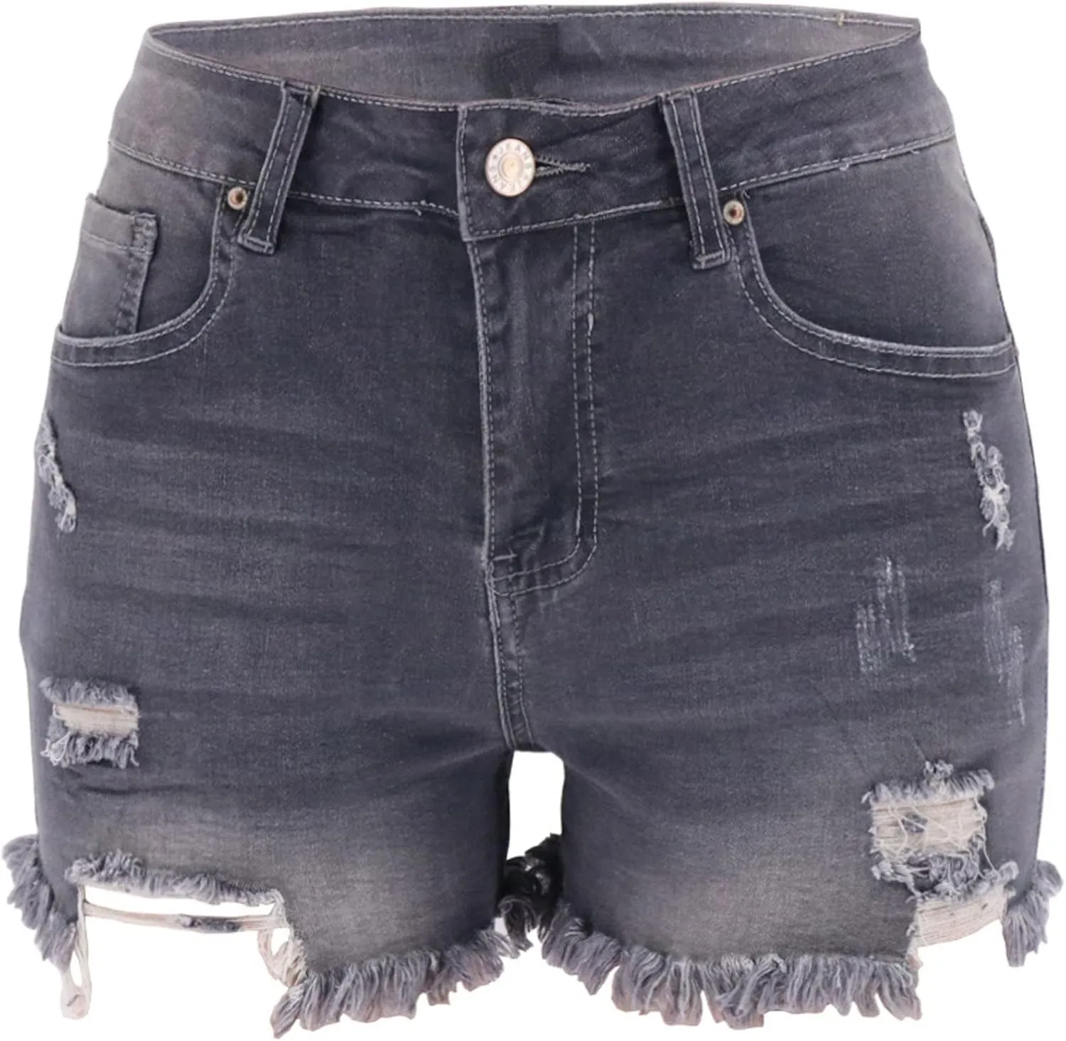 Women Denim Shorts Casual Summer Mid Waist Stretchy Jean Shorts Trendy Blue Ripped Frayed Raw Hem Distressed Shorts
