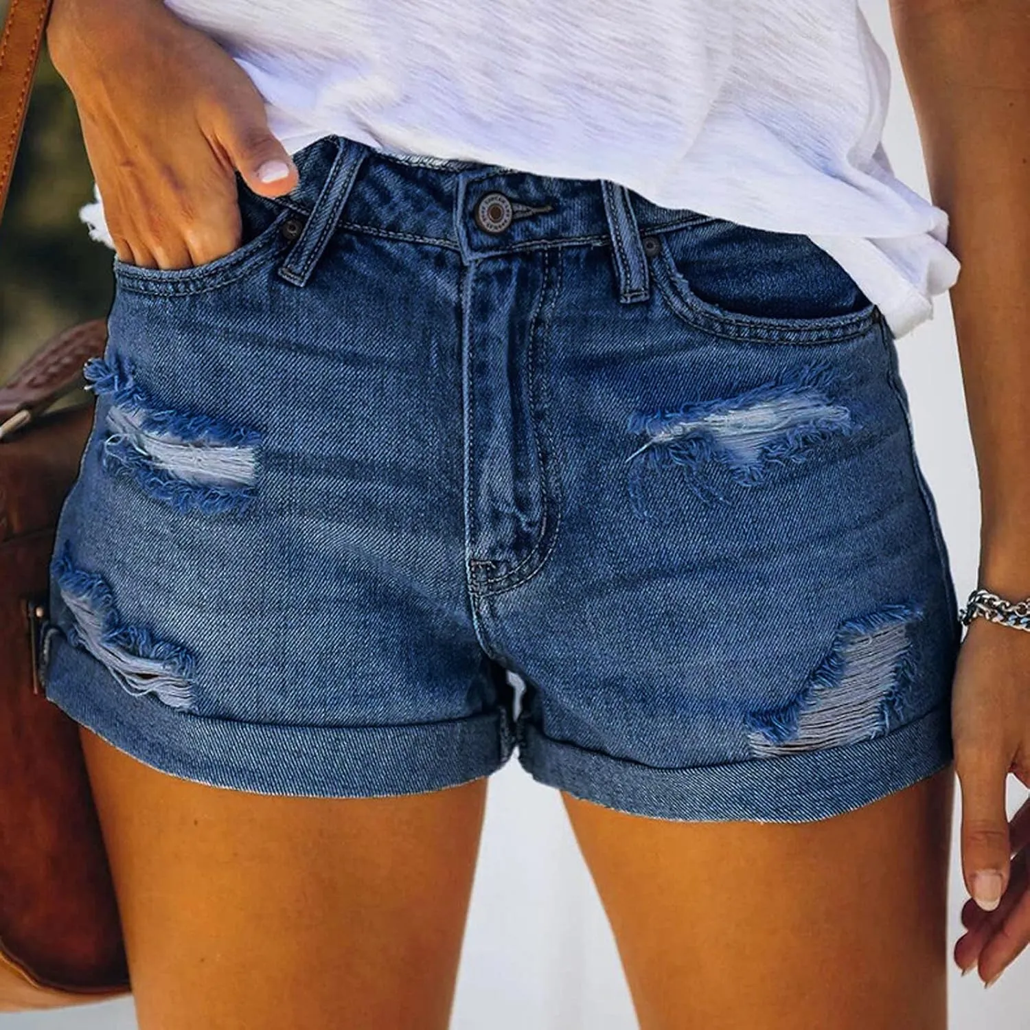 Women Denim Shorts Casual Summer Mid Waist Stretchy Jean Shorts Trendy Blue Ripped Frayed Raw Hem Distressed Shorts