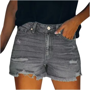 Women Denim Shorts Casual Summer Mid Waist Stretchy Jean Shorts Trendy Blue Ripped Frayed Raw Hem Distressed Shorts