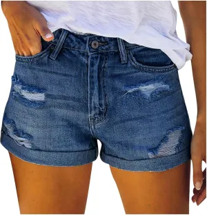 Women Denim Shorts Casual Summer Mid Waist Stretchy Jean Shorts Trendy Blue Ripped Frayed Raw Hem Distressed Shorts