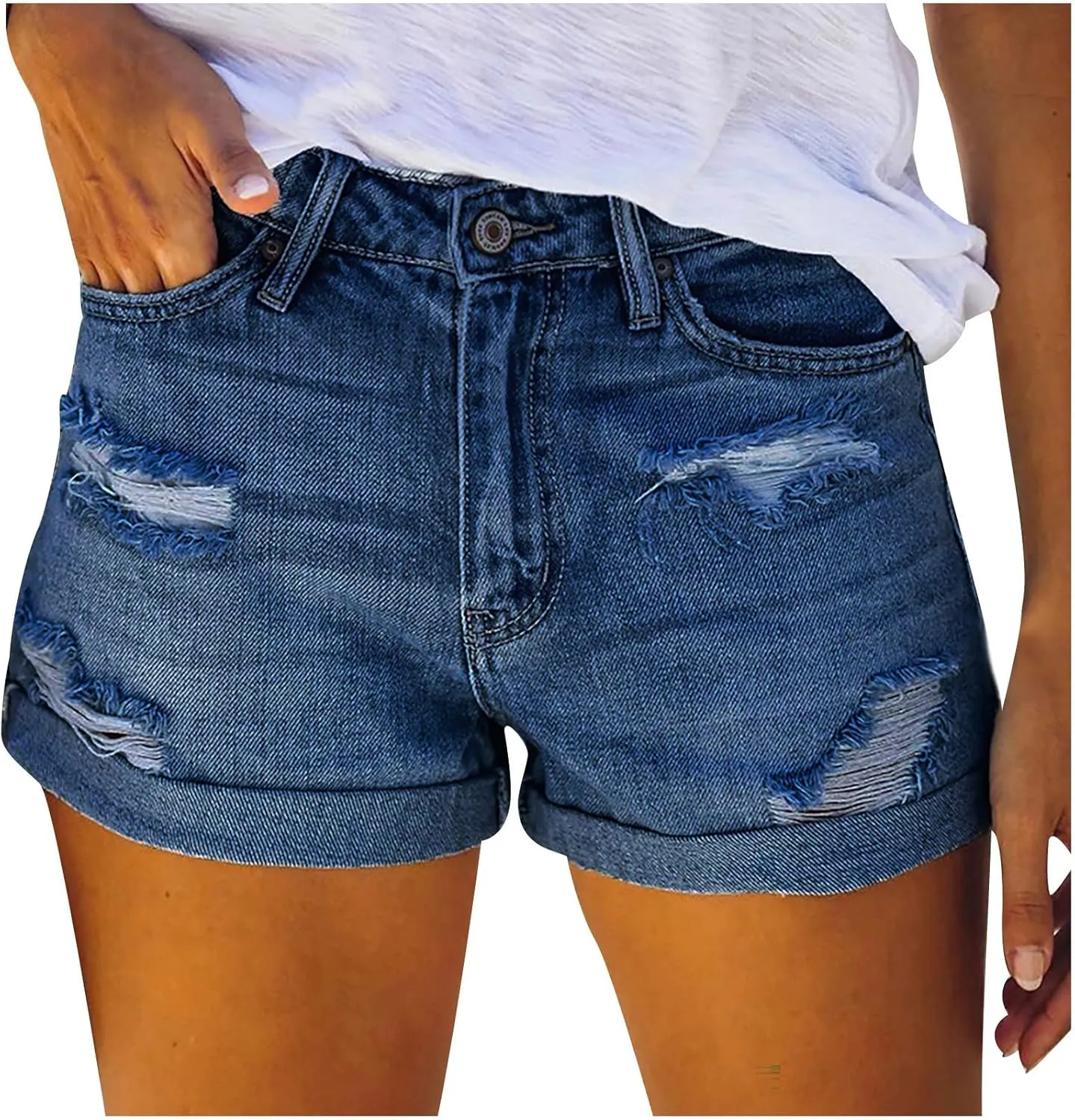 Women Denim Shorts Casual Summer Mid Waist Stretchy Jean Shorts Trendy Blue Ripped Frayed Raw Hem Distressed Shorts