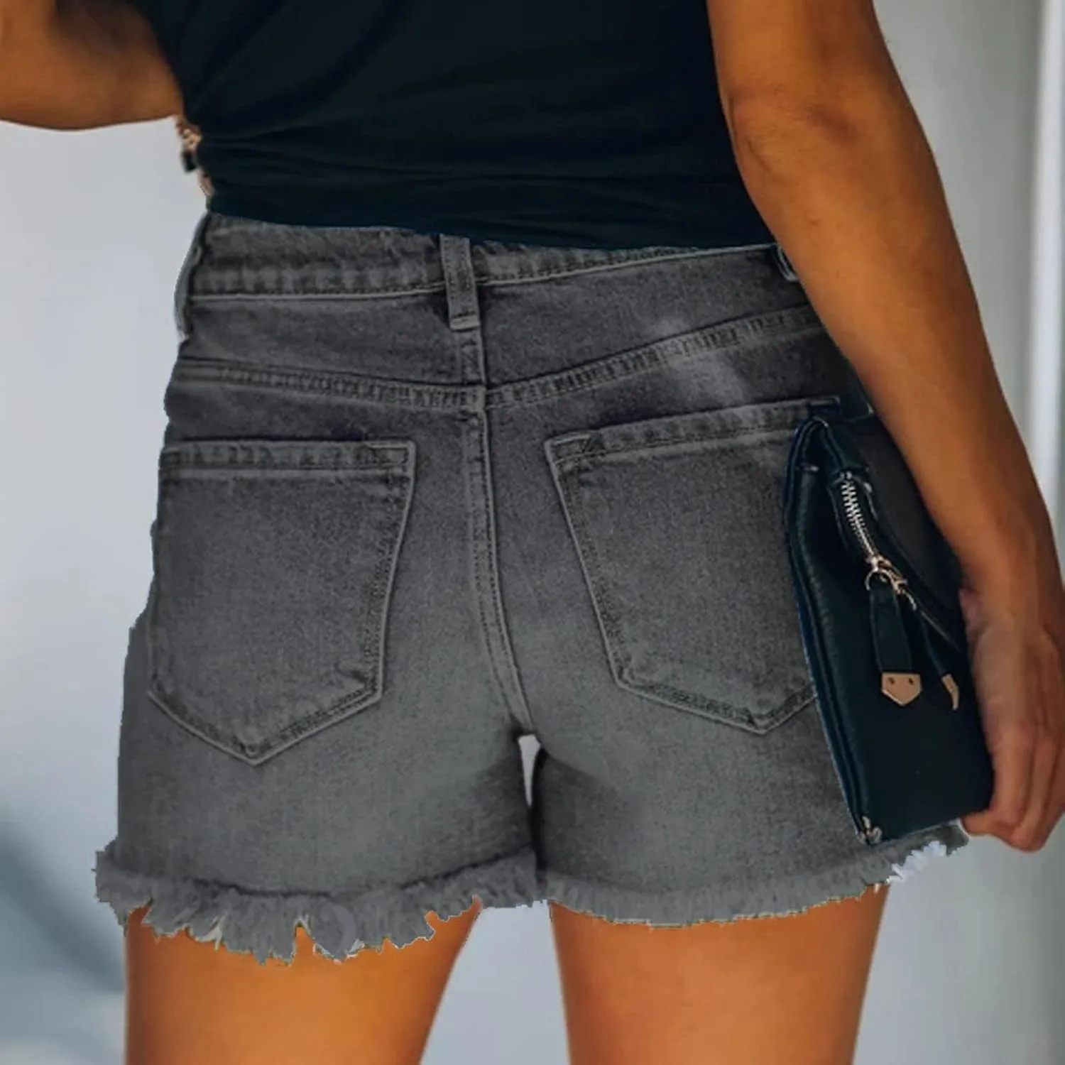 Women Denim Shorts Casual Summer Mid Waist Stretchy Jean Shorts Trendy Blue Ripped Frayed Raw Hem Distressed Shorts