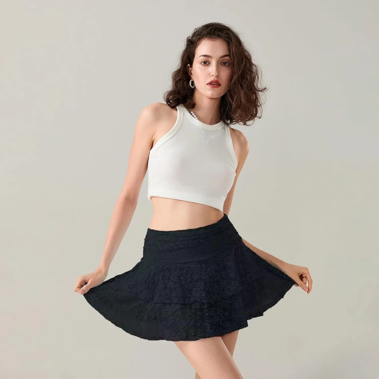 Women Half Slip Mini Skirts Y2K Pleated Ruffle Floral Lace Short Skirts Low Rise Layered Flowy Skirts Streetwear
