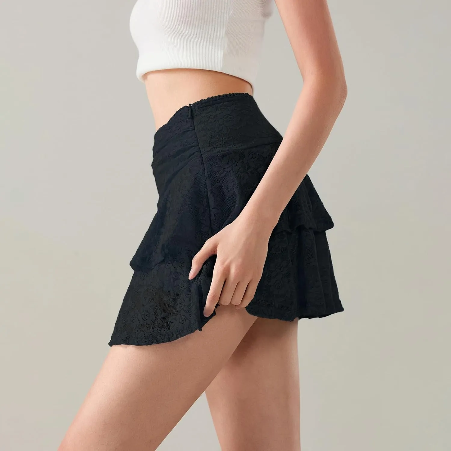 Women Half Slip Mini Skirts Y2K Pleated Ruffle Floral Lace Short Skirts Low Rise Layered Flowy Skirts Streetwear