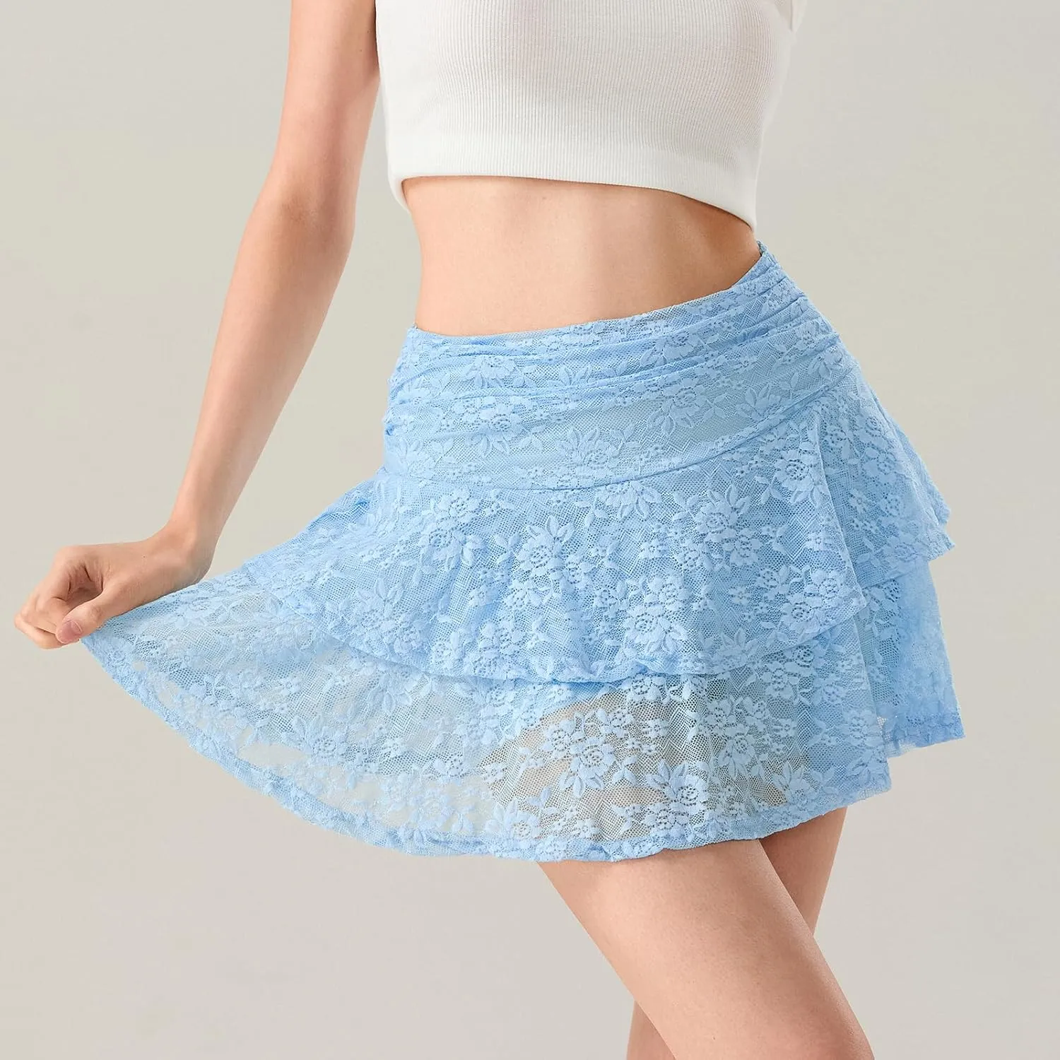 Women Half Slip Mini Skirts Y2K Pleated Ruffle Floral Lace Short Skirts Low Rise Layered Flowy Skirts Streetwear
