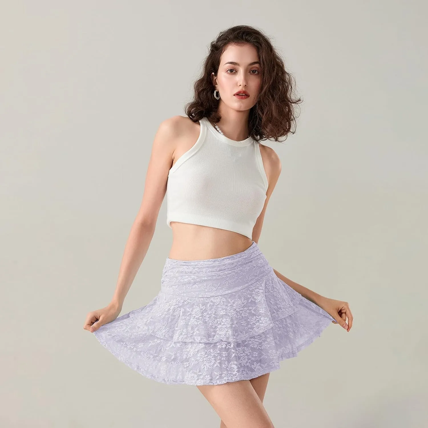 Women Half Slip Mini Skirts Y2K Pleated Ruffle Floral Lace Short Skirts Low Rise Layered Flowy Skirts Streetwear