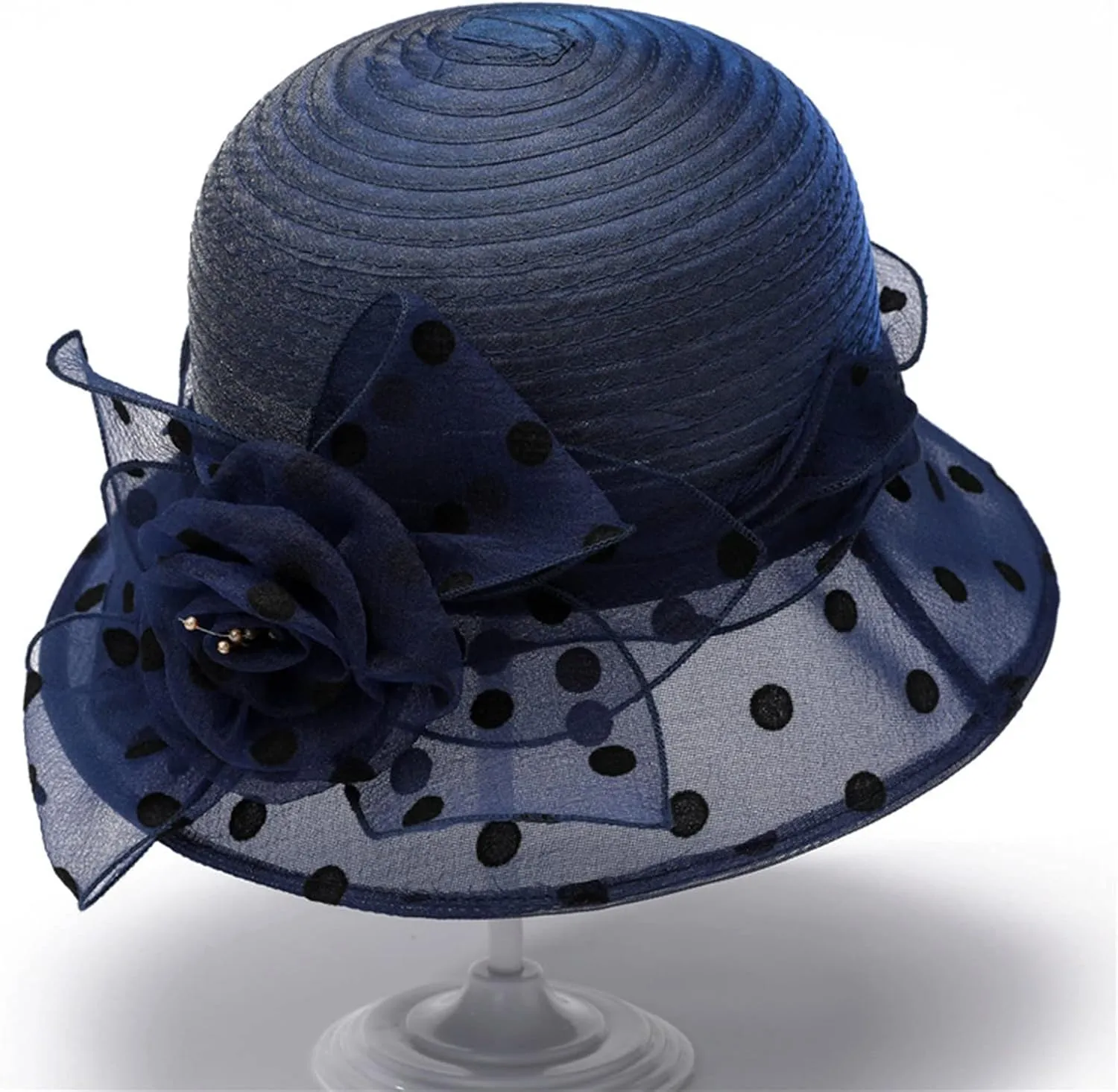Women Kentucky Organza Derby Hat Wide Brim Summer Polka Dot Sun Hat for Bridal Wedding Church Tea Parties