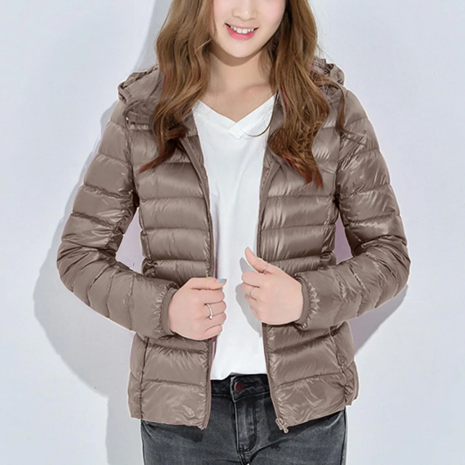 Women Lightweight Down Puffer Jacket with Hood Zip Up Long Sleeve Winter Warm Coat Thermal Puffer Jacket Outerwear