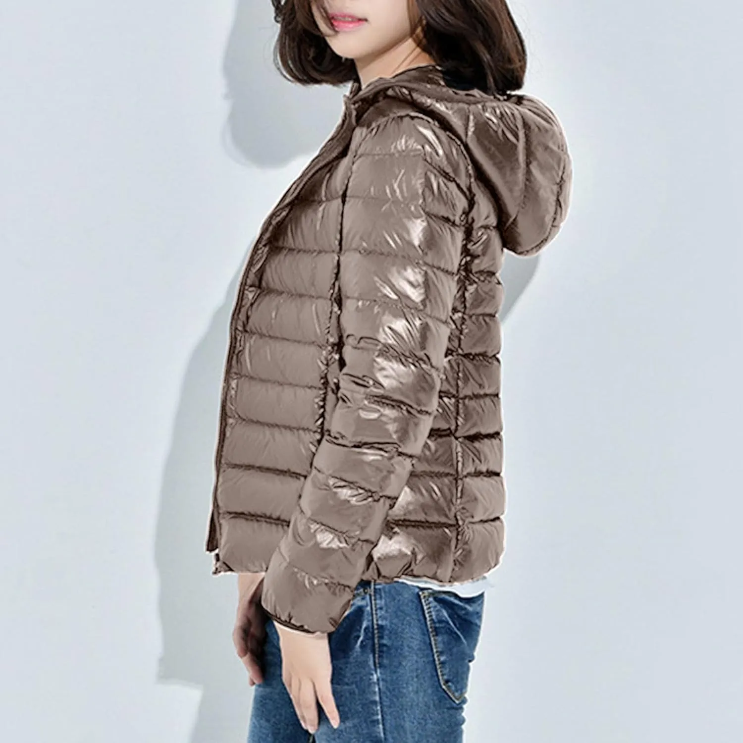 Women Lightweight Down Puffer Jacket with Hood Zip Up Long Sleeve Winter Warm Coat Thermal Puffer Jacket Outerwear