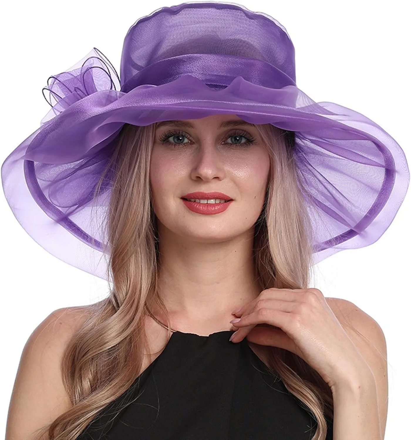 Women Organza Church Derby Hat Wide Brim Sun Caps for Wedding Tea Party Elegant Wedding Hat Wide Brim Fascinator
