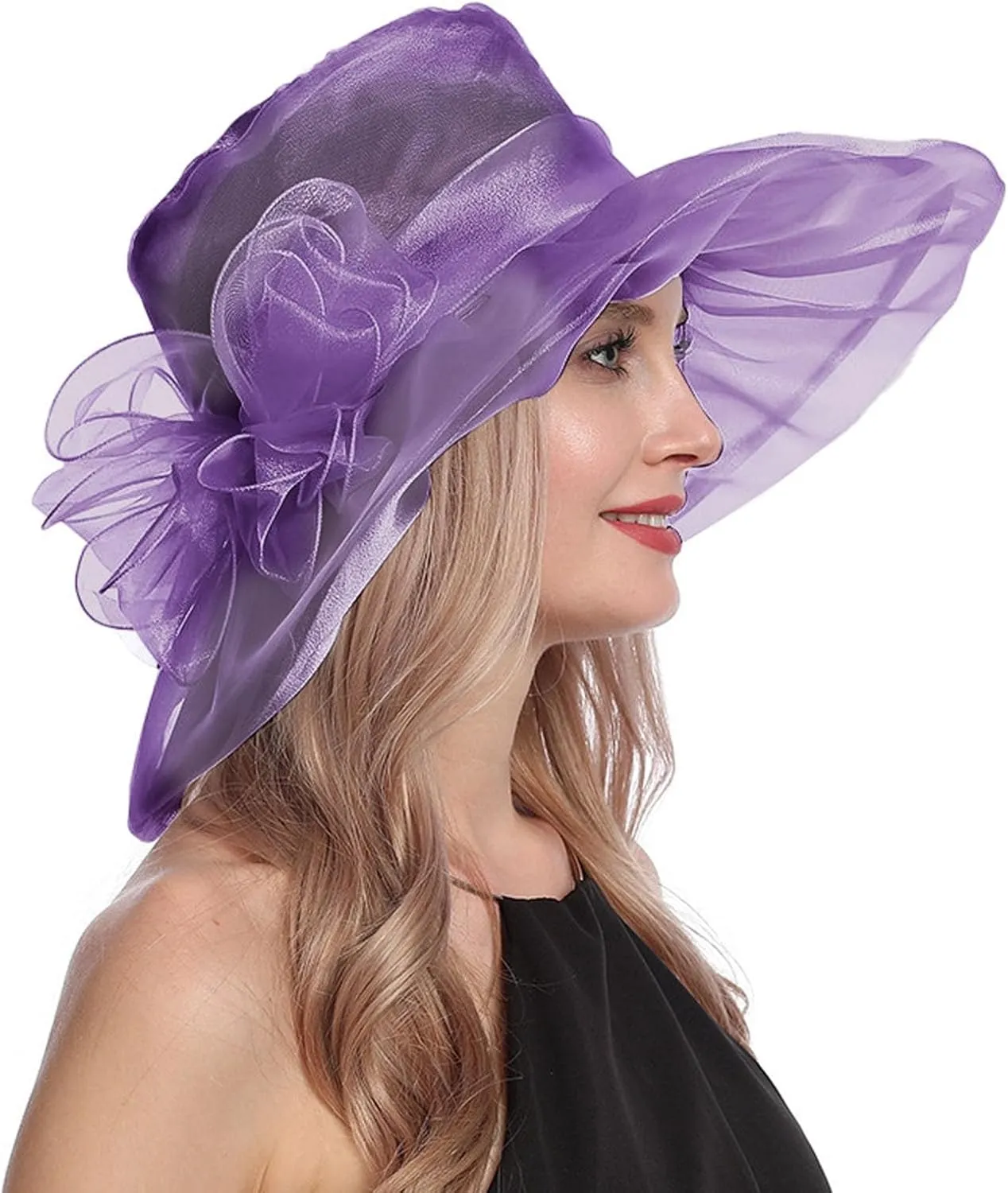 Women Organza Church Derby Hat Wide Brim Sun Caps for Wedding Tea Party Elegant Wedding Hat Wide Brim Fascinator