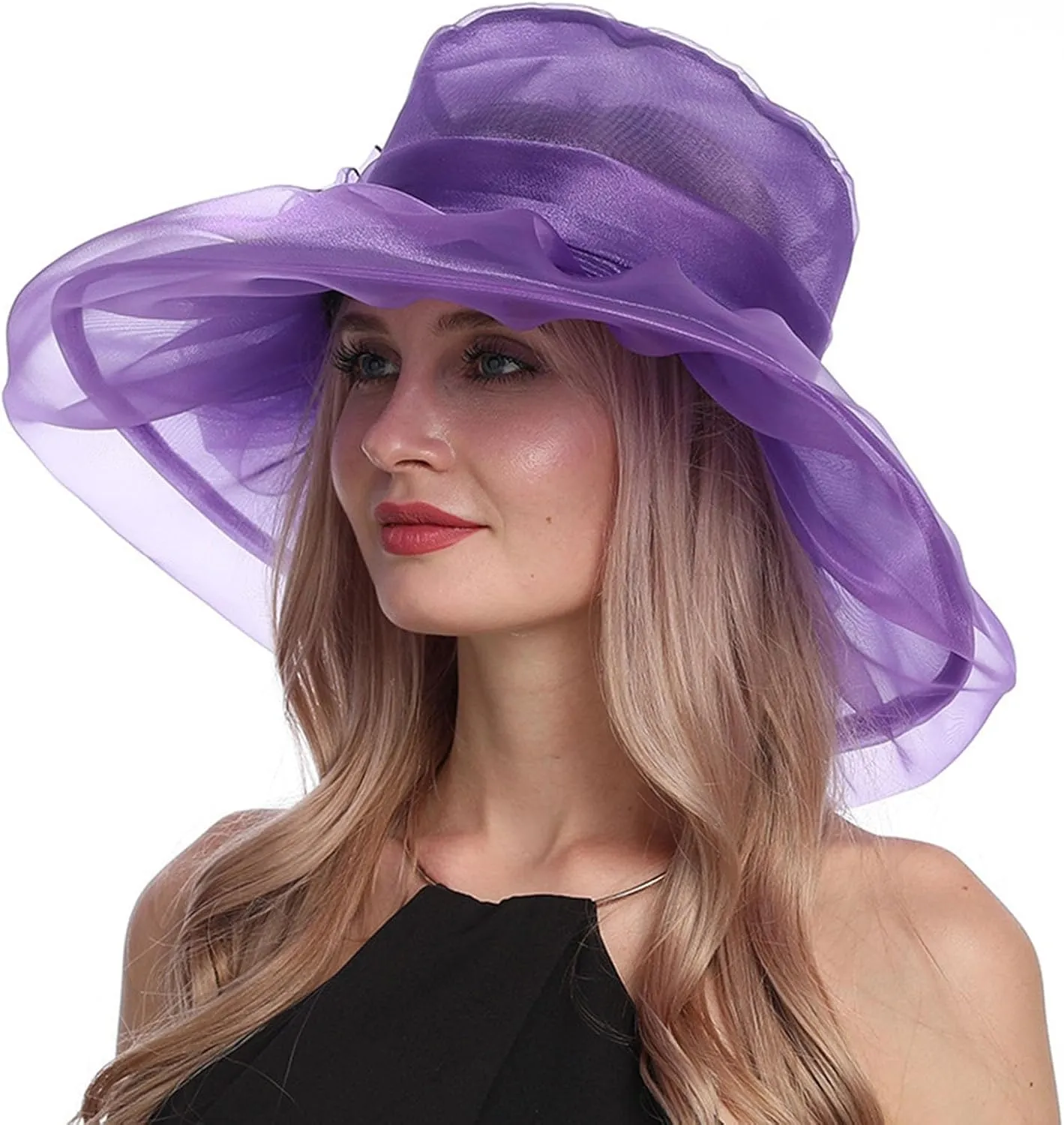 Women Organza Church Derby Hat Wide Brim Sun Caps for Wedding Tea Party Elegant Wedding Hat Wide Brim Fascinator