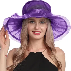 Women Organza Church Derby Hat Wide Brim Sun Caps for Wedding Tea Party Elegant Wedding Hat Wide Brim Fascinator