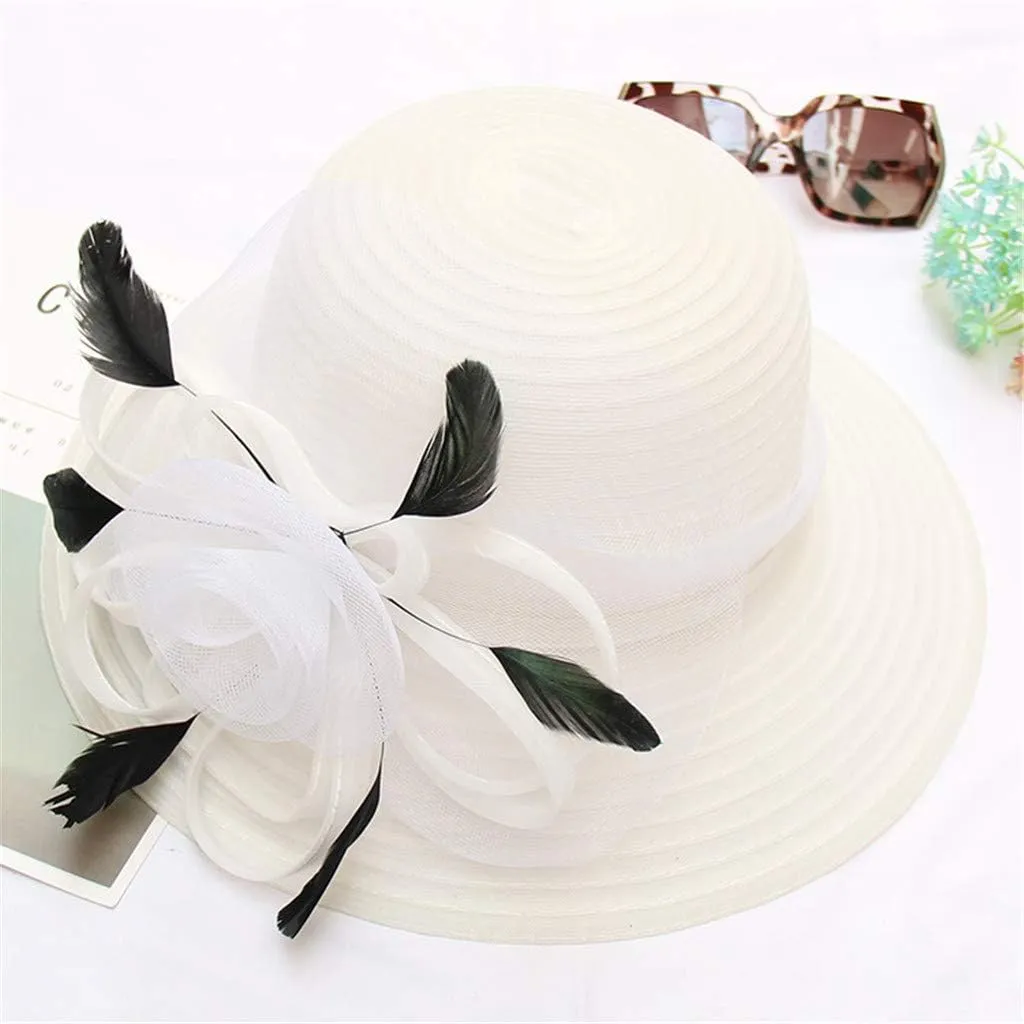 Women Organza Derby Hat Bridal Wedding Church Tea Party Wide Brim Flower Church Wedding Bridal Caps
