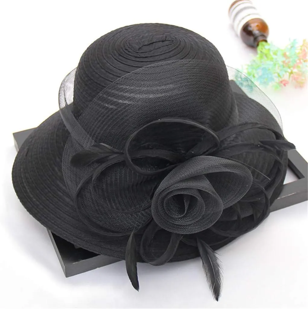 Women Organza Derby Hat Bridal Wedding Church Tea Party Wide Brim Flower Church Wedding Bridal Caps