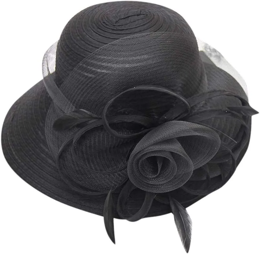 Women Organza Derby Hat Bridal Wedding Church Tea Party Wide Brim Flower Church Wedding Bridal Caps