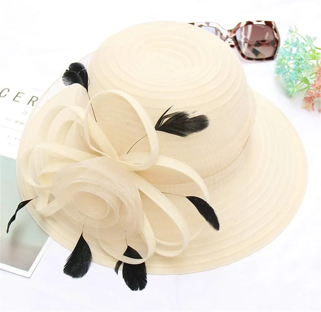 Women Organza Derby Hat Bridal Wedding Church Tea Party Wide Brim Flower Church Wedding Bridal Caps